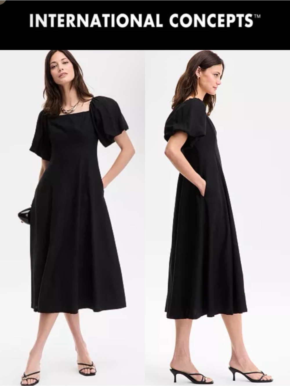 INC INTERNATIONAL CONCEPTS BLACK LINEN BLEND PUFF SLEEVE DRESS ON/OFF SHOULDER